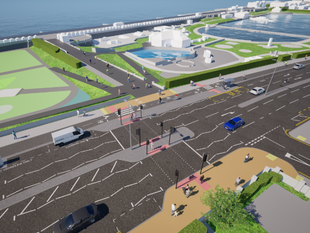A computer visualisation of a road, pavements, green space, cars, pedestrians and cyclists