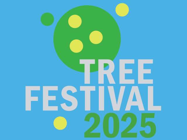 Tree Festival 2025 with green disc interspersed with smaller yellow discs on a pale blue backround