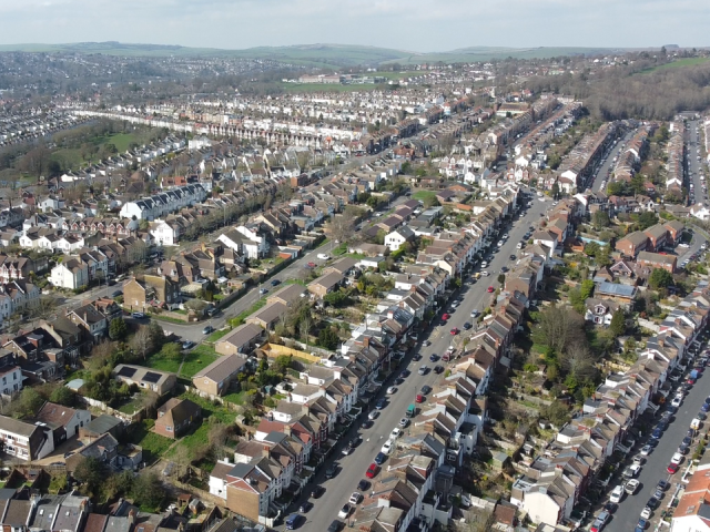 A drone shot of an area of a city