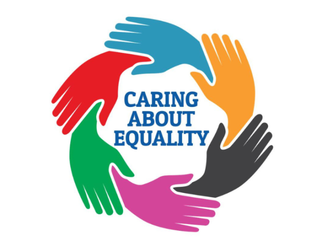 The image shows a graphic of multiple coloured hands holding each other. The text reads: 'Caring about equality'