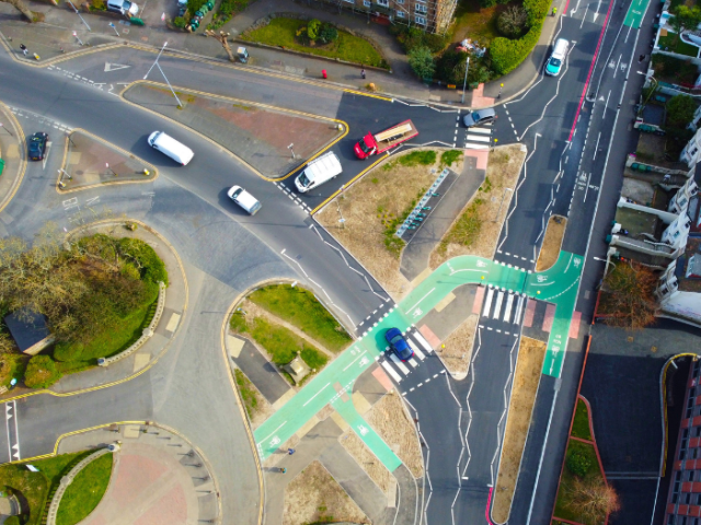 A drone shot of a road junction from above