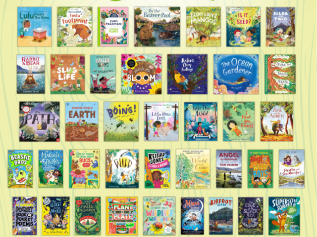 The image shows a large amount of nature themed, colourful children's books.