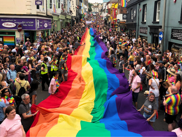 A large crown on both sides of a road holding the rainbow Pride flag