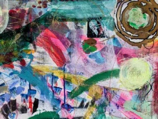 An abstract art painting with multiple bright colours, painted by a local resident who is in recovery. 
