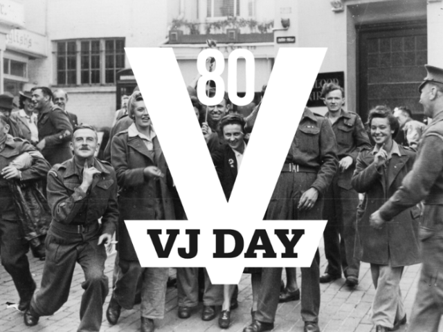 The image shows a group of people, women and soldiers, on a street in Brighton, celebrating VJ Day. The text reads:'80 VJ Day'