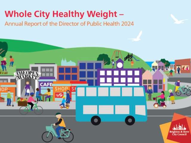 An illustration of Brighton & Hove with iconic landmarks and cartoon residents being active in the city. Text Reads: "Whole City Healthy Weight. Annual Report of the Director of Public Health 2024"