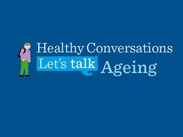 Blue background with illustration of older person next to pale blue text which speech bubble icon. Text reads: "Healthy Conversations Let's talk Ageing."