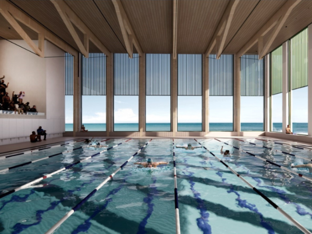 Artist's impression of a swimming pool with large windows at the back