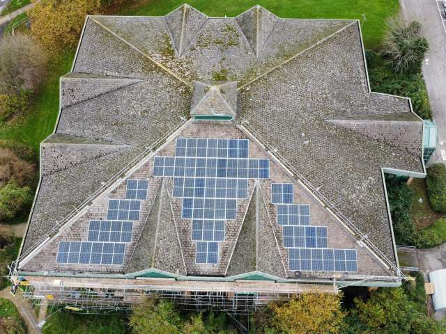 Solar panels on the roof of Moulescoomb Leisure Centre, photo taken from above
