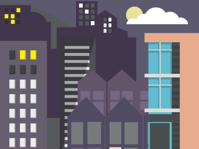 Illustrated graphic of a mix of residential buildings at night