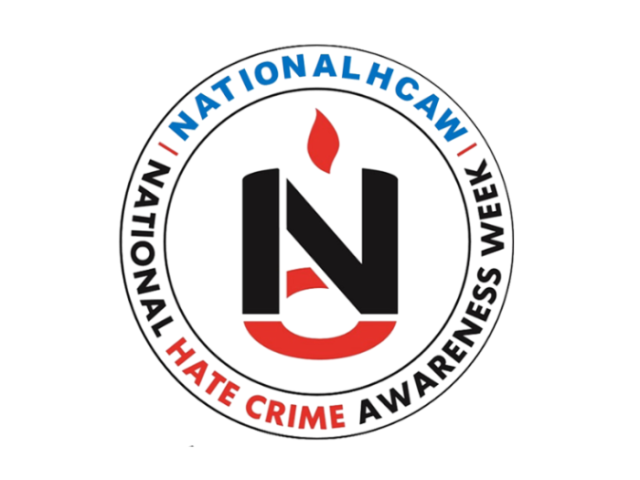 The image shows a logo of the National Hate Crime Awareness Week - a capital NC with a flame over the top.