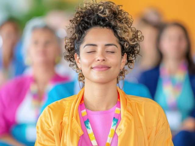 A woman sat in a meditation class smiling with her eyes closed. 
