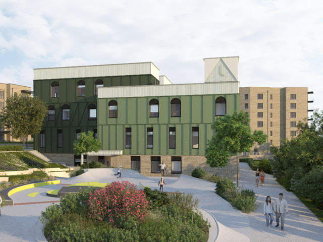 The image shows an architect's rendering of the future Moulsecoomb housing and hub.