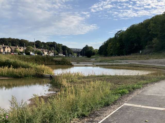 Two of the ponds filled with rainwater with a new footpath on the right and houses in the distance, interspersed with wetland planting such as reeds and grasses