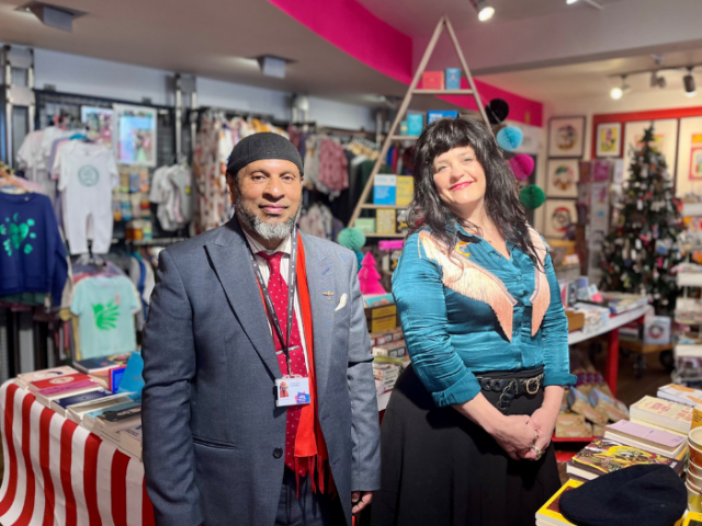 Cllr Mohammed Asaduzzaman with Maxine Michaelides, owner of the Stanley Road Store (and the chair of the Business Improvement District Board).