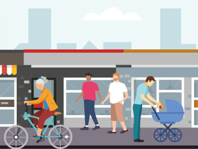 Colourful illustration of a street scene with a women on a bike, two men on the pavement and a man with a pram. 