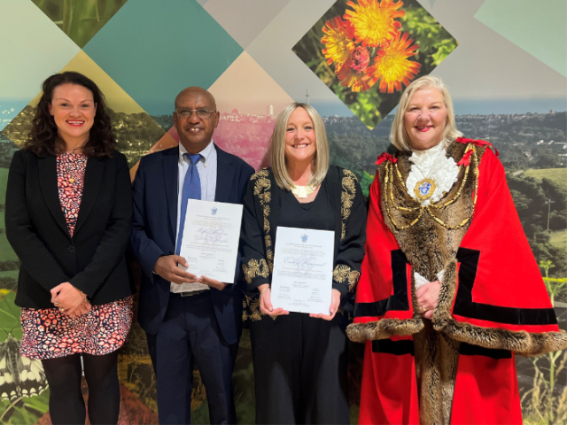 Councillor Bella Sankey, Mesfin Abraham Ghebre-Ghiorghis, Emily Kenward and Councillor Amanda Grimshaw BEM, the Mayor of Brighton & Hove