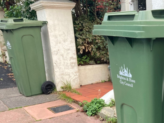 Two green kerbside waste bins outside a property.