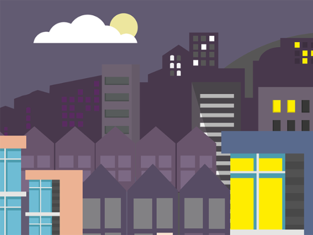 Graphic with an illustration buildings at night representing the homelessness and rough sleeping strategy