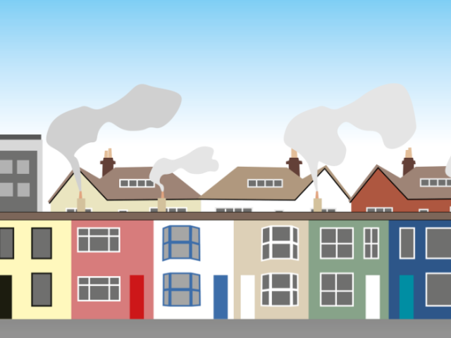 A graphic of a row of houses and buildings with smoke coming out of chimneys