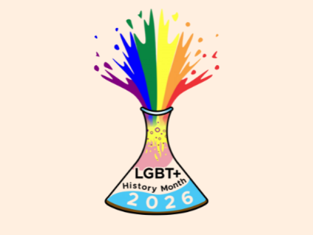 The image shows a graphic of a lab vial with rainbow colours exploding, celebrating LGBTQ+ History Month.