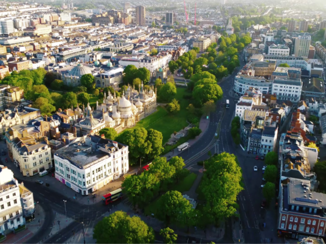 Aerial view of the city, showing arterial roads and the Royal Pavilion, Dome and Museum complex