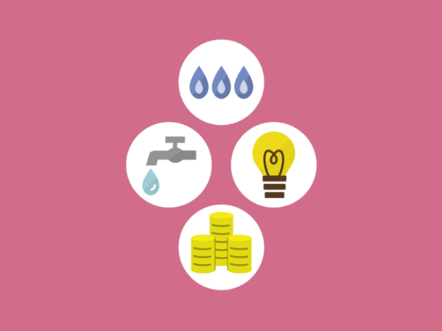 Four icons on a pink background representing water, a tap, a lightbulb, and money