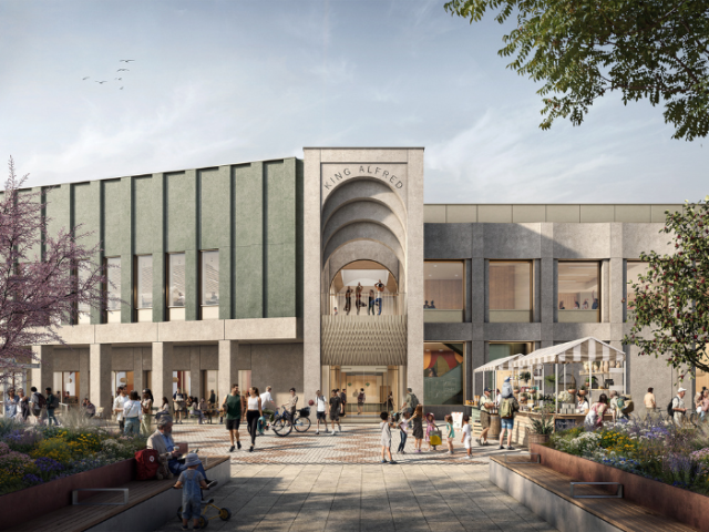 Artist's impression of the entrance to a concrete building with arched features and lots of people in front of it.