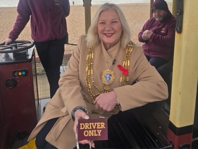 Brighton & Hove Mayor Amanda Grimshaw in the driving seat of a Volks Railway train