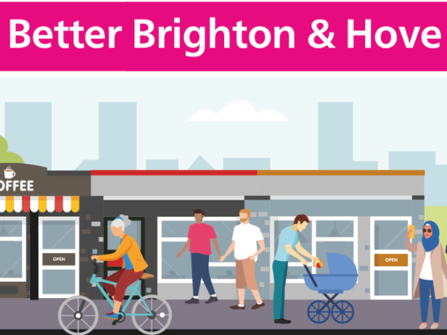 Artist image of a busy street with people cycling, walking and pushing a pram and the words: 'Better Brighton & Hove'
