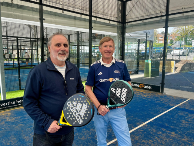 Councillor Alan Robins joins Game4Padel  CEO Michael Gradon at the new covered padel courts at Withdean Sports Complex