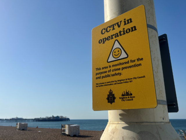 A yellow sign reads "CCTV in operation" with the Palace Pier and the sea in the background