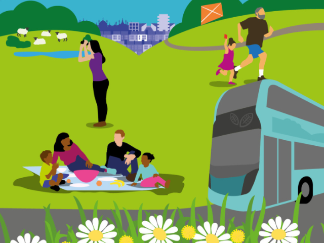 a cartoon image of a park with a bus and people on the grass