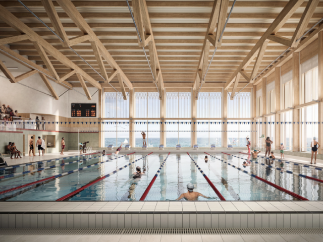 Artist's impression of a swimming pool with people inside and outside the water.
