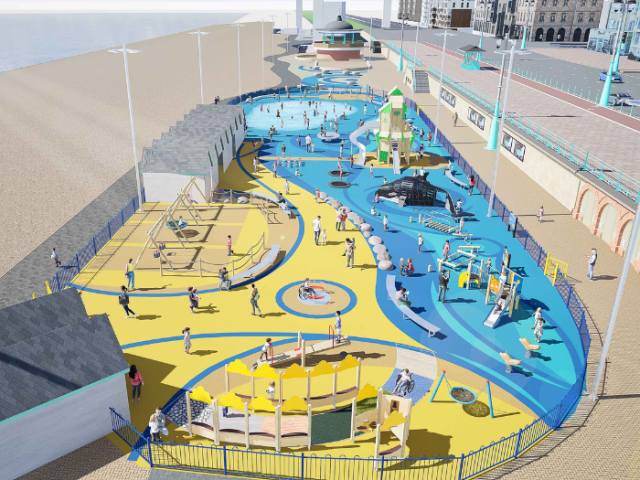 Artist's impression of a colourful seafront playground and paddling pool.