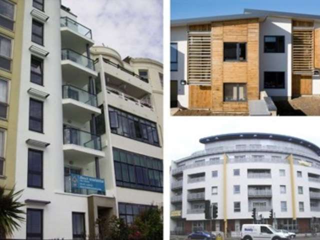 Photo of three new housing developments, showing apartments in different blocks