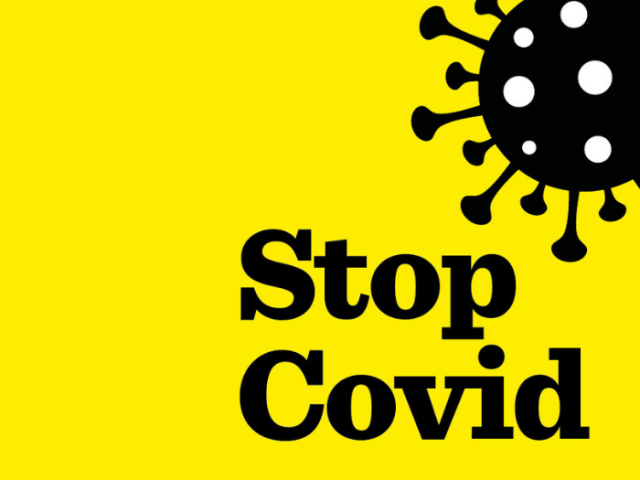 Illustration of the Covid-19 virus with the text: Stop Covid