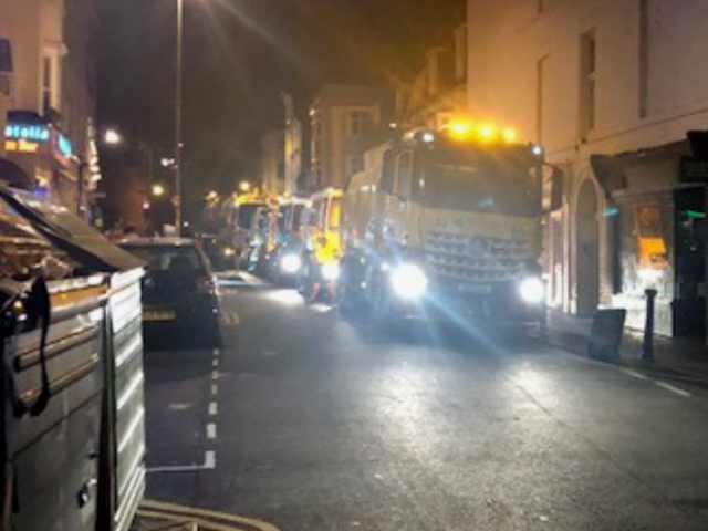 Refuse and recycling trucks on St James's Street after the 2019 Pride Village Party