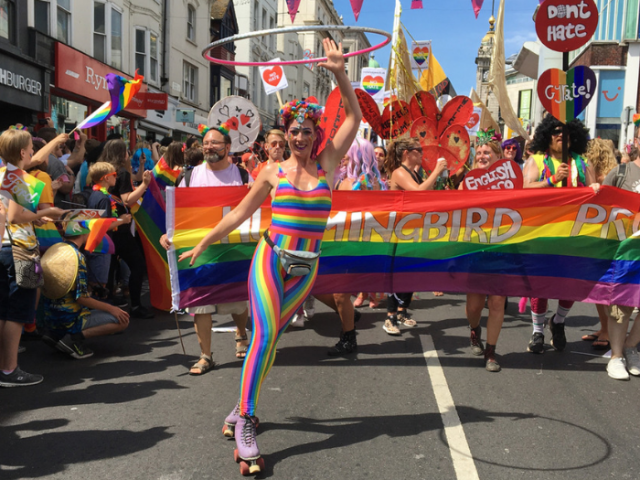 Photo of the 2018 pride parade on North Street, Brighton