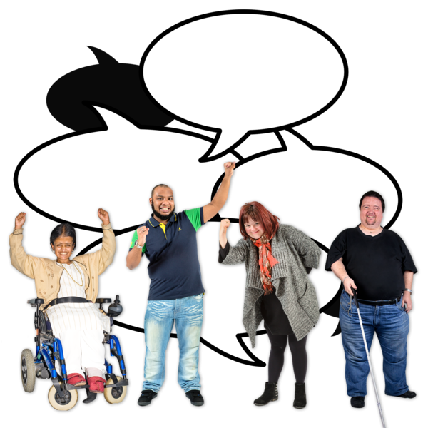 Four people next to speech bubbles to represent having your say