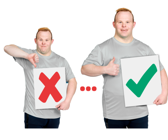 Two images of the same person. One image holding a cross picture with their thumb down, and a slightly bigger image holding tick picture with their thumb up.