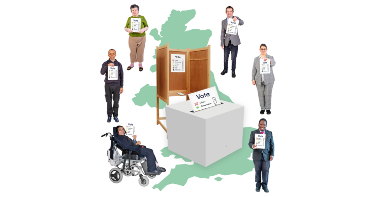 People around the country holding their ballot paper alongside a ballot box and polling booth.