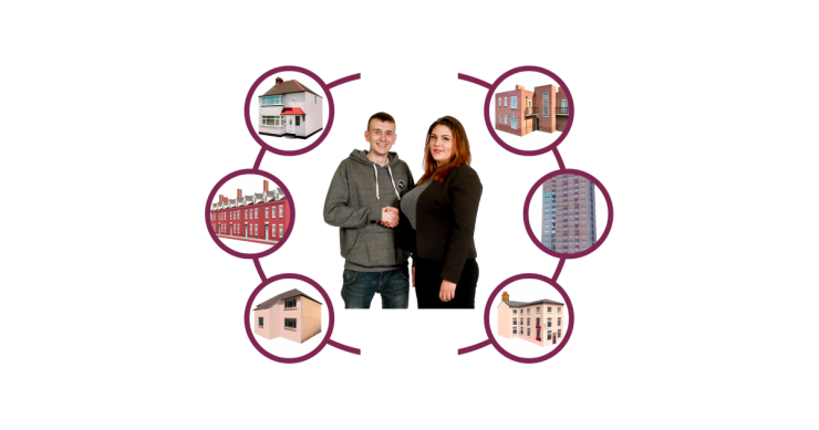 2 people surrounded with pictures of different types of houses.