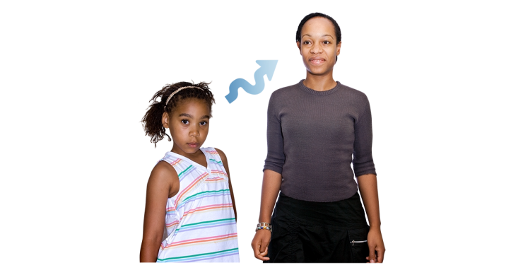 Young child next to an adult. There's an arrow from the child pointing the adult.