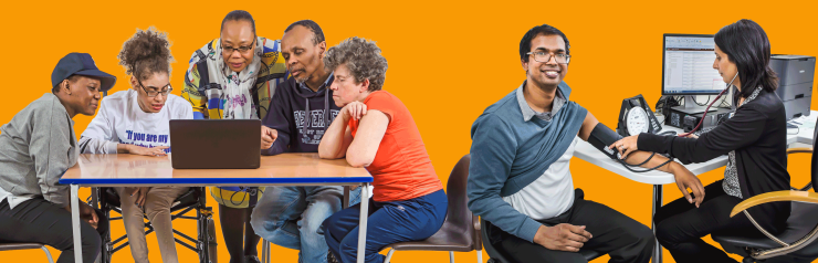 A group of people around a computer table and a person with a health care professional.