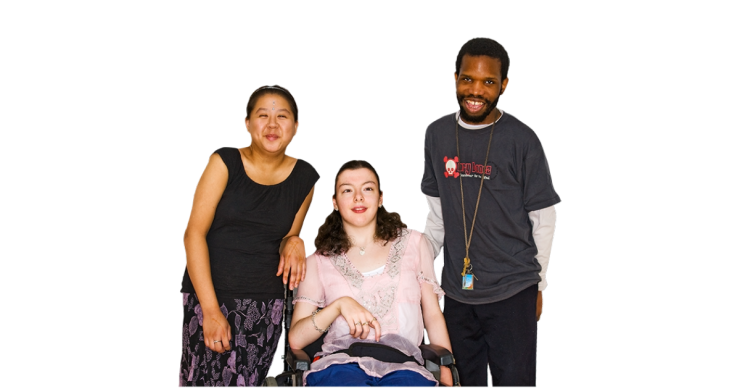 3 young people - 1 in a wheelchair, 2 standing up.