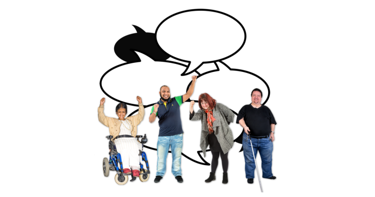 Four happy people in front of several speech bubbles.