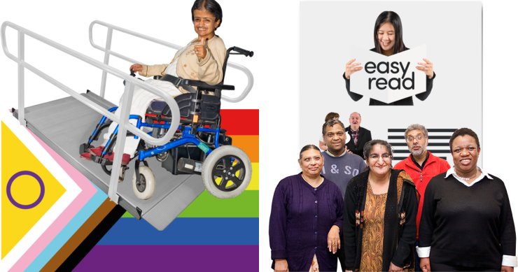 Progress pride flag. Woman in wheelchair on ramp. Group of 5 BME people. 