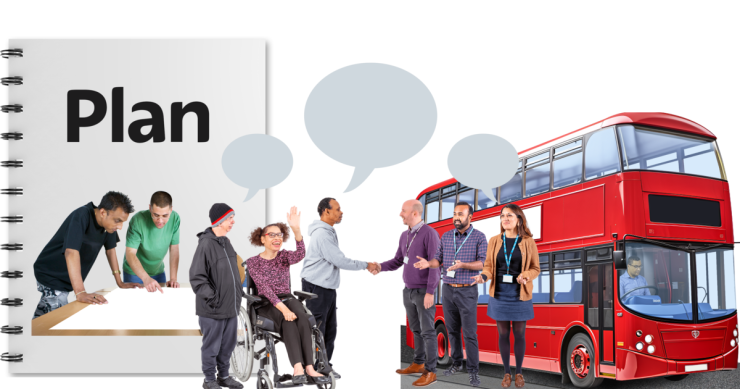 Plan. Group of people talking with speech bubbles. Red double-decker bus.