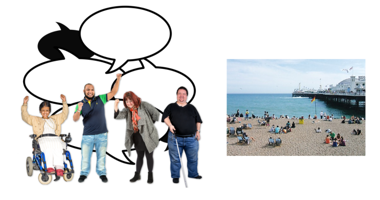 Composite image of a group of people in front of speech bubbles next to Brighton Beach and pier.